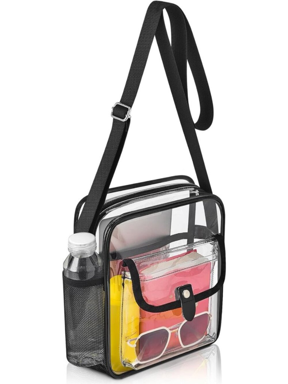 Clear Crossbody Stadium Bag with Bottle Holder | Adjustable Strap & Flap Pocket